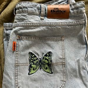 Butter Goods Relaxed Fit Light Wash Jeans with Butterfly Detail